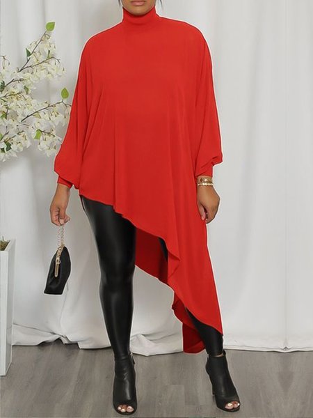 

Loose Plain Urban Irregular Craftsmanship Turtleneck Top, Red, Linen Tops