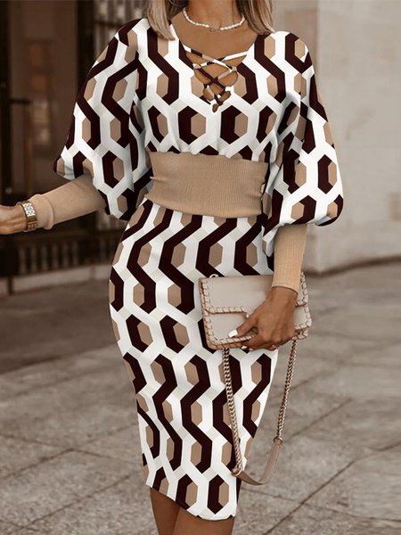 

Geometric Elegant Long Sleeve Regular Fit Midi Dress, As picture, Midi Dresses