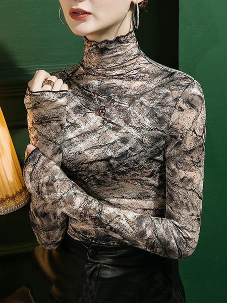 

Abstract Tight Turtleneck Elegant Long Sleeve Top, As picture, Linen Tops