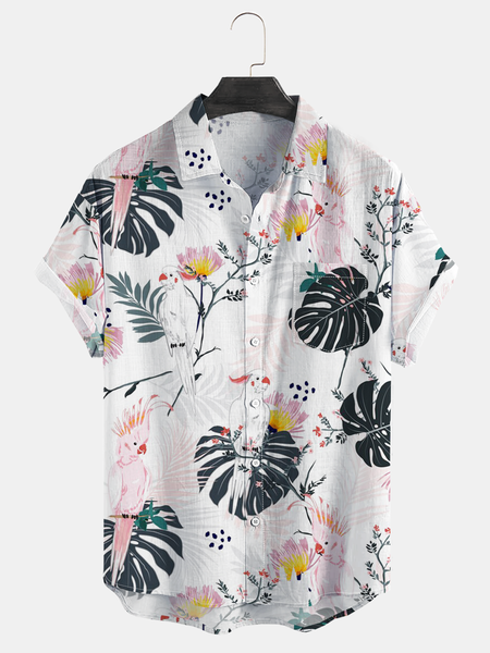 

Floral Parrots Chest Pocket Short Sleeve Vacation Shirt, White, Men Shirts
