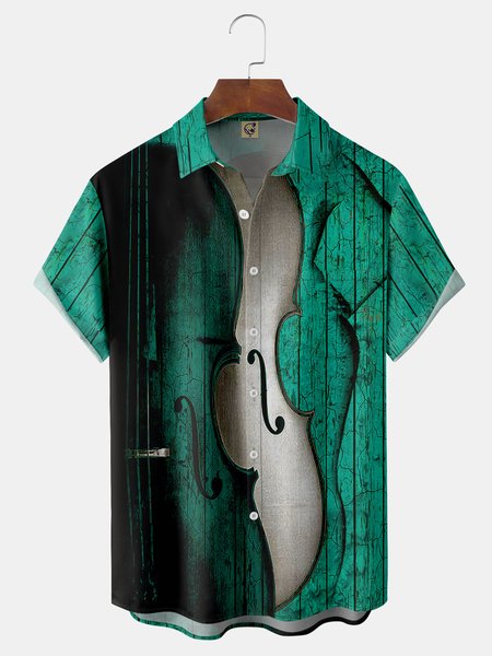 

Violin Chest Pocket Short Sleeve Casual Shirt, Green, Men Shirts