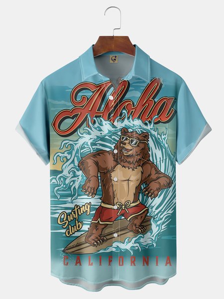 

Bear Surfing Chest Pocket Short Sleeve Casual Shirt, Blue, Men Shirts