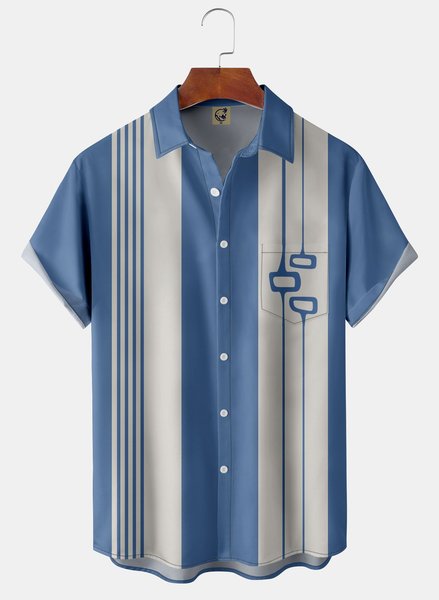 

Mid Century Chest Pocket Short Sleeve Bowling Shirt, Sky blue, Men Shirts