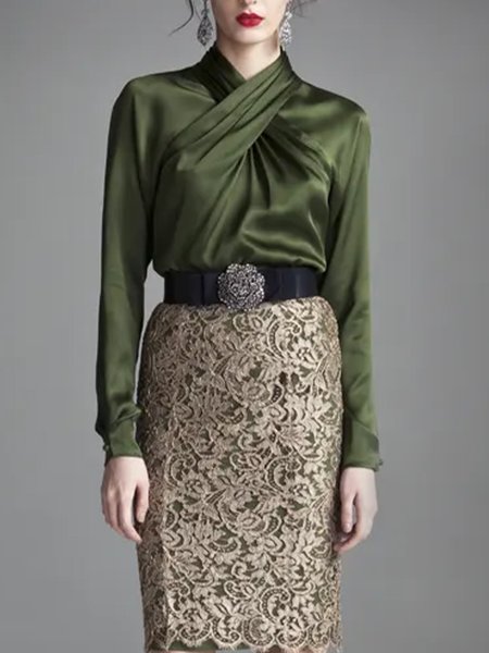 

Elegant Long Sleeve Plain Regular Fit Blouse, Green, Blouses and Shirts