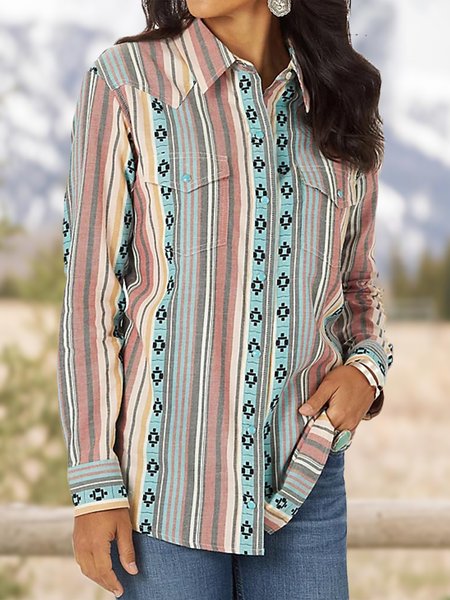 

Shirt Collar Casual Loose Ethnic Blouse, Multicolor, Shirts & Blouses