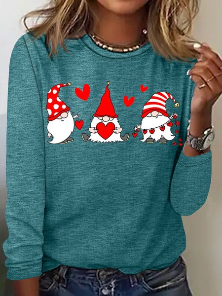 

Women's Valentine Gnomes Hearts Crew Neck Casual Top, Green, Long sleeves
