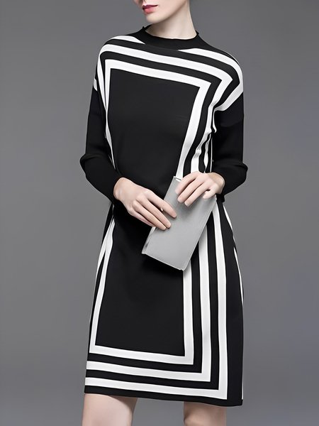 

Loose Elegant Crew Neck Striped Dress, Black, Mini Dresses