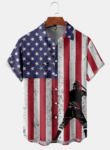 

Baseball American Flag Chest Pocket Short Sleeve Casual Shirt, Red, Men Shirts