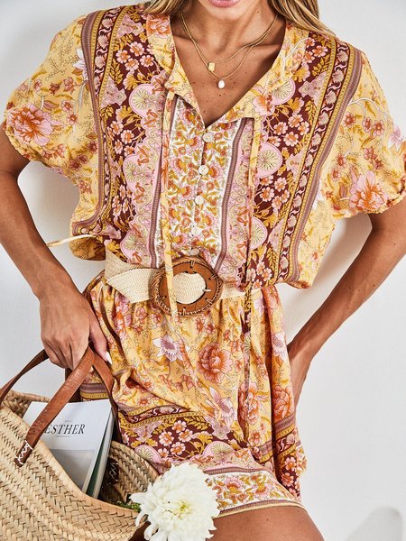 

V Neck Boho Floral Regular Fit Dress, Multicolor, Dresses