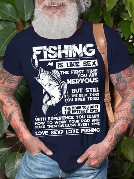 

Men's Fishing Is Like Do Something The First Time You Are Nervous Funny Graphic Print Cotton Loose Text Letters Casual T-Shirt, Purplish blue, T-shirts