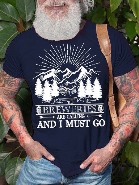 

Men's Breweries Are Calling And I Must Go Funny Graphic Print Cotton Loose Crew Neck Casual T-Shirt, Purplish blue, T-shirts