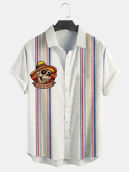 

Cinco de Mayo Skull Chest Pocket Short Sleeve Bowling Shirt, White, Men Shirts