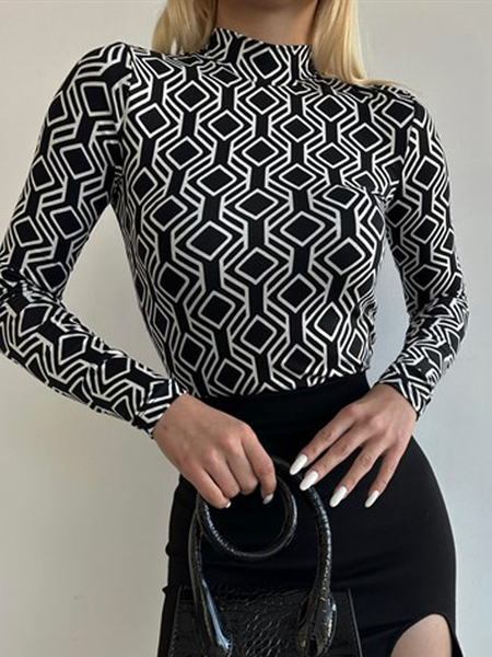 

High Elasticity Crew Neck Geometric Urban Long sleeve T-Shirt, Black, Tees