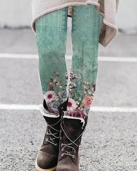 

Casual Floral Tight Leggings, Lightgreen, Leggings