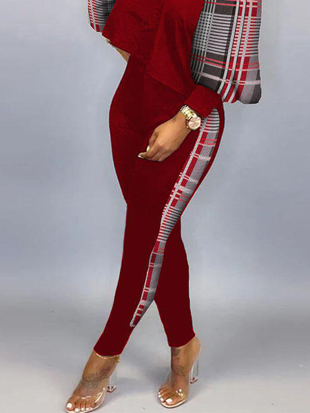 High Elasticity Tight Casual Plaid Casual Long Pants, Wine red, Pants