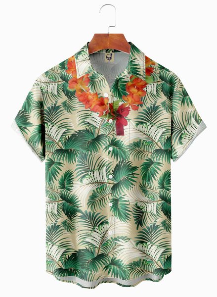 

Tropical Plant Chest Pocket Short Sleeve Casual Shirt, Green, Men Shirts