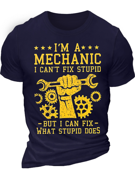 

Men's I Am A Mechanic I Can‘T Fix Stupid But I Can Fix What Stupid Does Funny Graphic Print Text Letters Casual Crew Neck Cotton T-Shirt, Purplish blue, T-shirts
