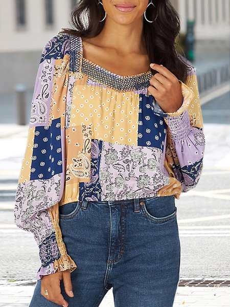 

Square Neck Ethnic Casual Loose Top, Multicolor, Tops