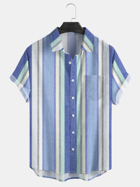 

Striped Print Chest Pocket Short Sleeve Bowling Shirt, Blue, Men Shirts