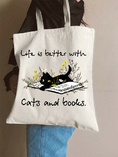 

Life Is Better With Cats And Books Valentine's Day Shopping Tote, Beige, Bags