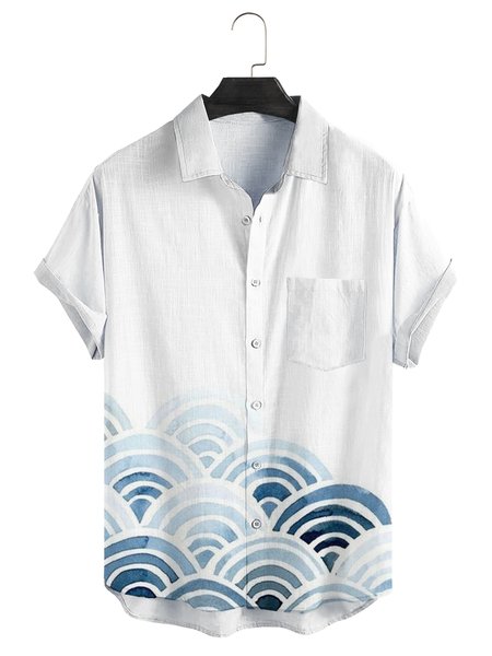 

Ukiyo-e Clouds Chest Pocket Short Sleeve Casual Shirt, White, Men Shirts
