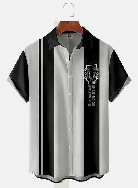 

Guitar Chest Pocket Short Sleeve Bowling Shirt, Black, Men Shirts