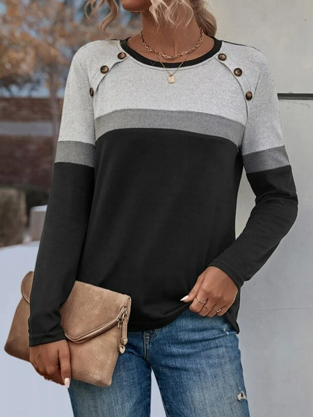 

Color Block Buckle Knitted Casual T-Shirt, Multicolor, Tops