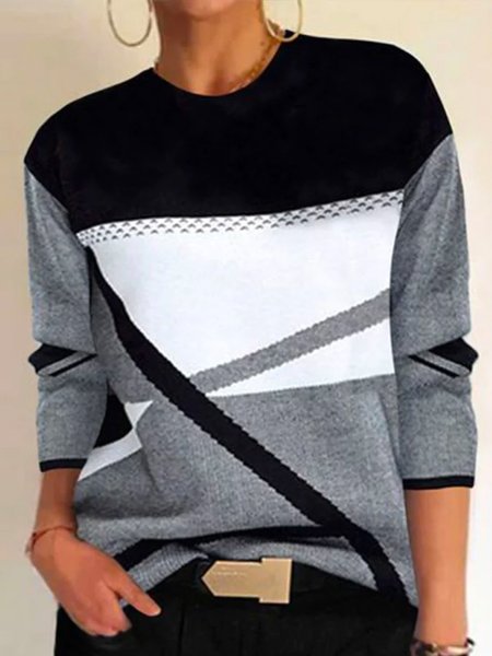 

Casual Crew Neck Geometric Long Sleeve Sweater, Gray, Pullovers