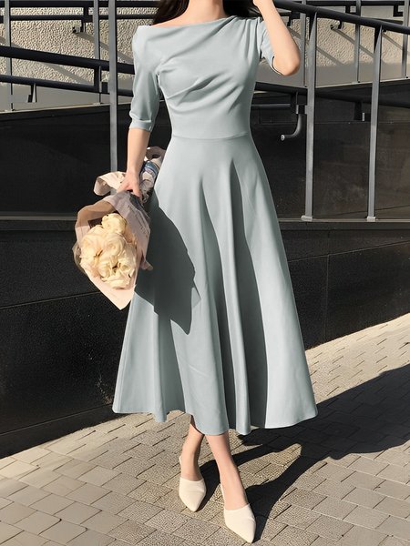 

Plain Half sleeve Regular Fit Elegant Dress, Grey-blue, Midi Dresses