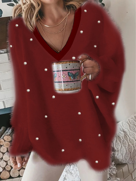 

V Neck Casual Plain Pearl Fuzzy Tunic Sweater Knit Jumper, Wine red, Sweaters