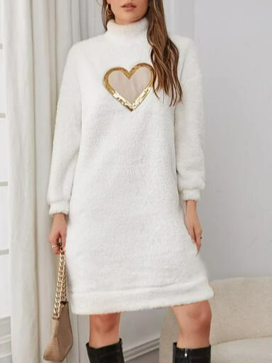 

Casual Heart/Cordate Turtleneck Dress, White, Dresses