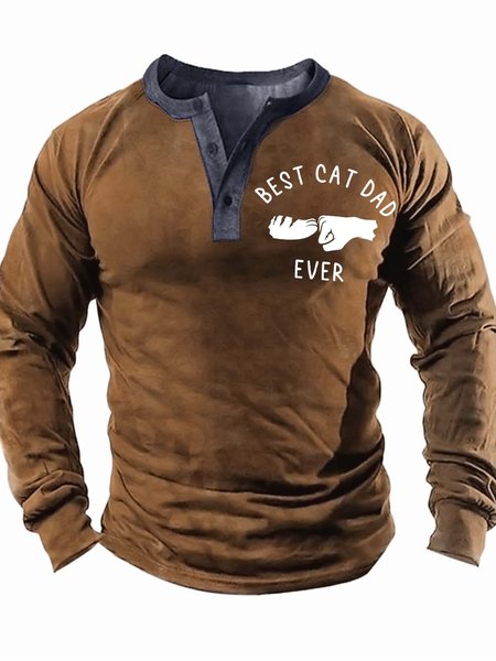 

Men’s Best Cat Dad Ever Text Letters Half Open Collar Casual Top, Khaki, Long Sleeves