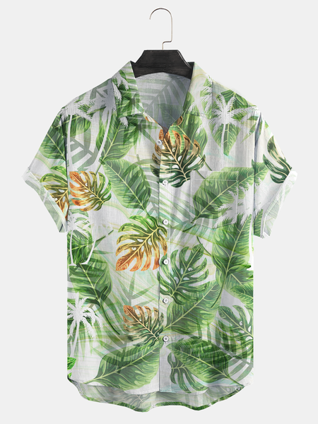 

Tropical Leaves Chest Pocket Short Sleeve Hawaiian Shirt, Green, Men Shirts