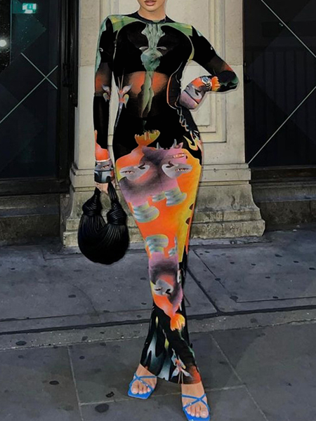 

Regular Fit Crew Neck Painting Elegant Dress, Black, Maxi Dresses