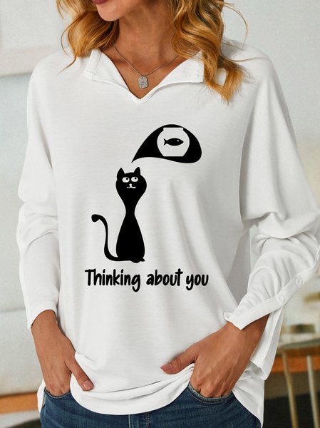 

Lilicloth X Jessanjony Funny Black Cat Thinking About You Women's Shawl Collar Sweatshirt, White, Hoodies&Sweatshirts