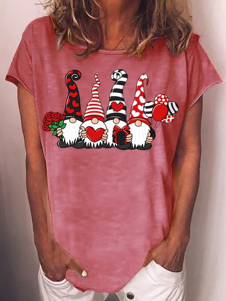 

Women's Valentine Gnomes Crew Neck Casual Letters T-Shirt, Red, T-shirts