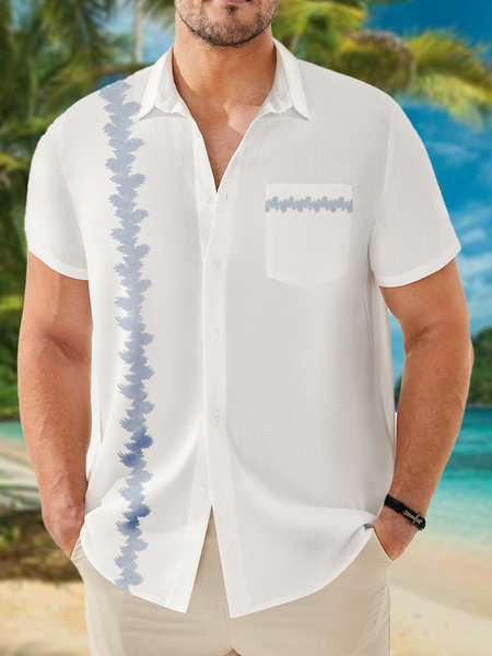

Vegetal Stripe Print Chest Pocket Short Sleeve Casual Shirt, White, Men Shirts