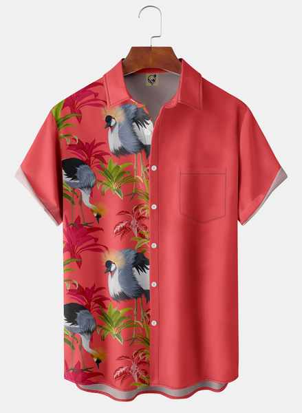 

Tropical Birds Chest Pocket Short Sleeve Hawaiian Shirt, Red, Men Shirts