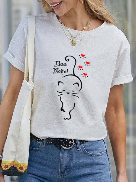 

Women's Cute Cat Love Paw Printed Casual T-shirt, White, T-Shirts