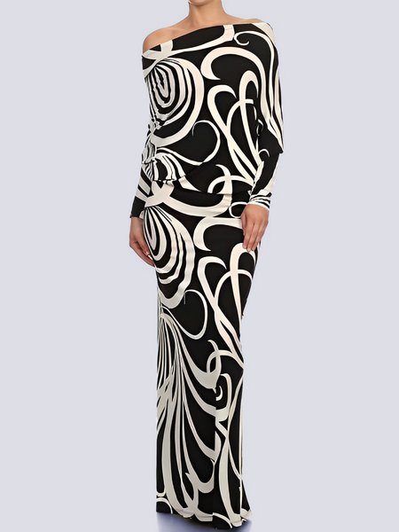 

Elegant One Shoulder Long sleeve Loose Dress, Black-white, Maxi Dresses