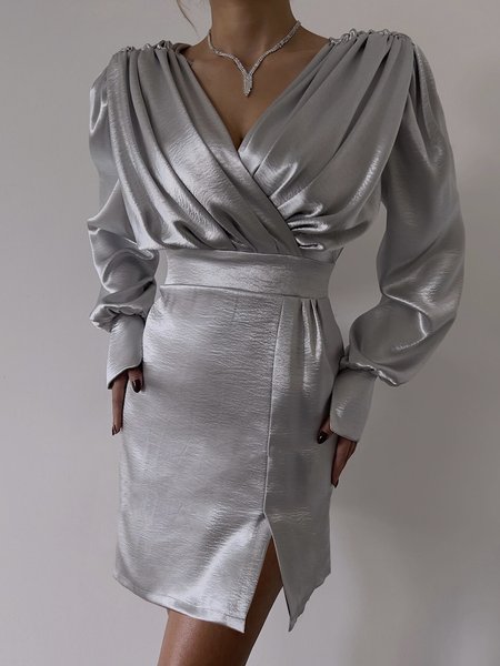 

Long sleeve V Neck Plain Elegant Regular Fit Dress, Silver, Mini Dresses