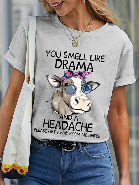 

Women's Funny Cow You Smell Like Drama Cotton Casual Loose T-Shirt, Gray, T-shirts