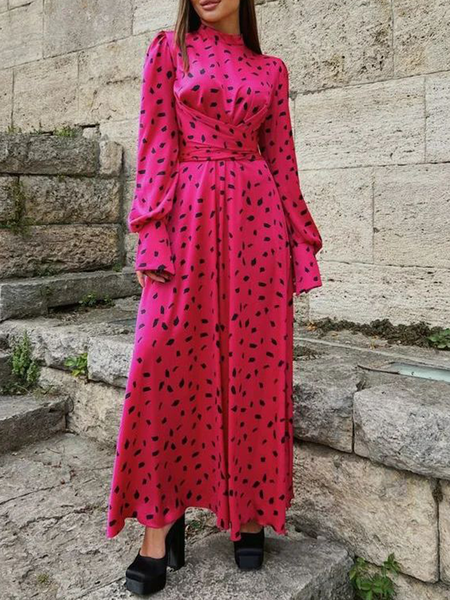

Elegant Regular Fit Half Turtleneck Polka Dots Dress, Pink, Maxi Dresses