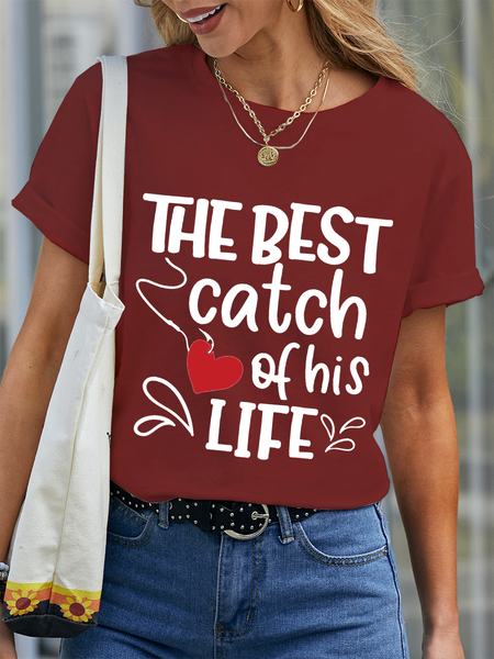 

Women‘s Couple Best Catch of His Life Casual Text Letters Crew Neck Couples Matching T-Shirt, Red, T-shirts