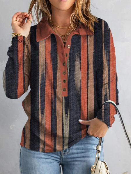 

Striped Shawl Collar Loose Casual Top, Multicolor, Tops