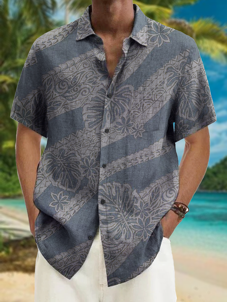 

Botanical Print Chest Pocket Short Sleeve Resort Shirt, Gray, Men Shirts