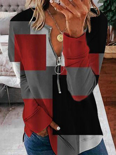 

Shawl Collar Color Block Casual Regular Fit Top, Red, Shirts & Blouses
