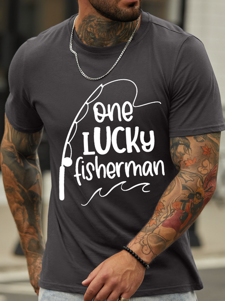 

Men‘s One Lucky Fisherman Casual Crew Neck Text Letters Cotton Couple T-Shirt, Deep gray, T-shirts