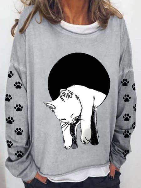 

Cat Loose Casual T-Shirt, Gray, T-Shirts