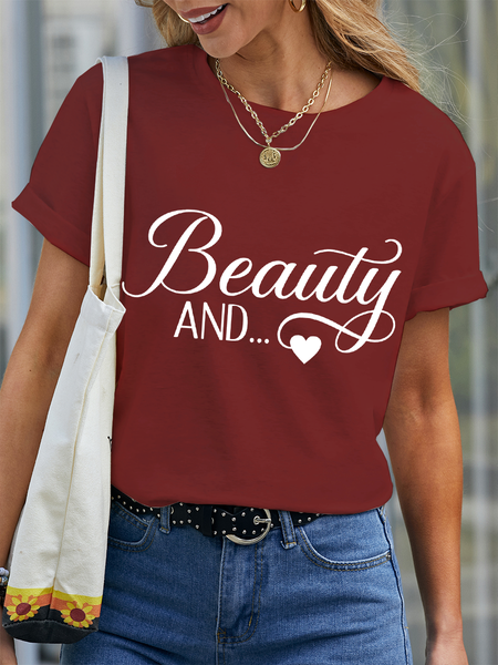 

Women's Beauty Gift for Couple Text Letters Cotton Crew Neck Casual T-Shirt, Red, T-shirts